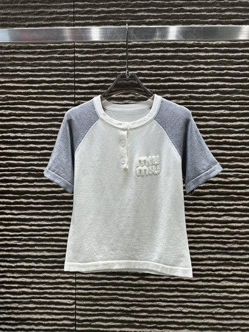 Miu Miu New: Towel Embroidery Letter Color - Blocked Knit Short Sleeve
