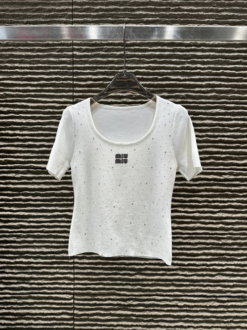 Miu Miu New: Studded Elegant Curved - Pearl Knit Short Sleeve