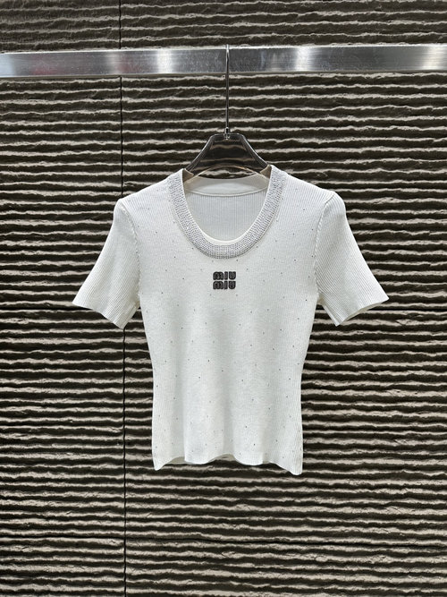 Miu Miu New: Studded Elegant Curved - Pearl Knit Short Sleeve