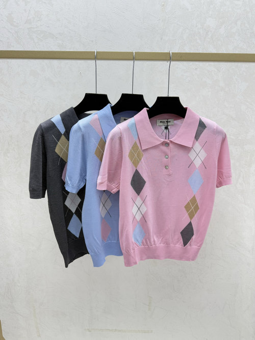 Miu Miu Contrast Color Checked Collar Knit Short Sleeve in Pink, Blue & Gray