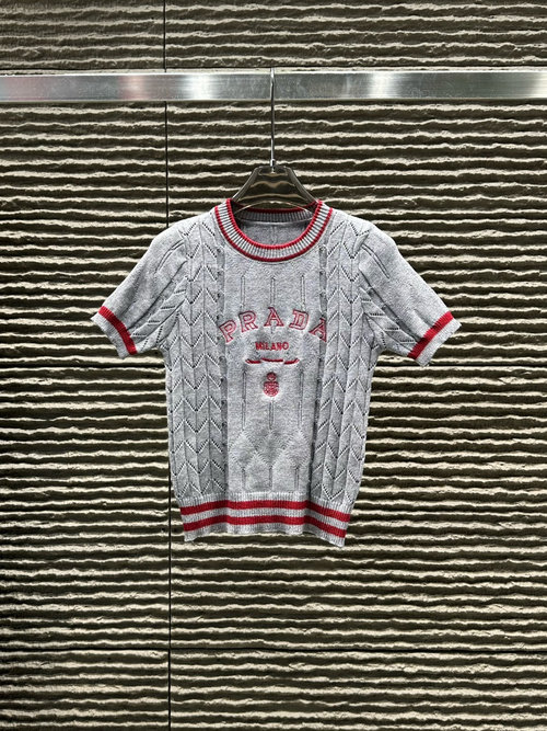 Prada Embroidered Letter Round-Neck Knit: Short-Sleeve Sophistication