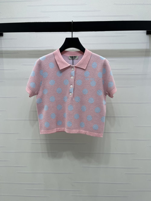 Miu Miu Wool Knit Polka Dot Collared Short Sleeve Top