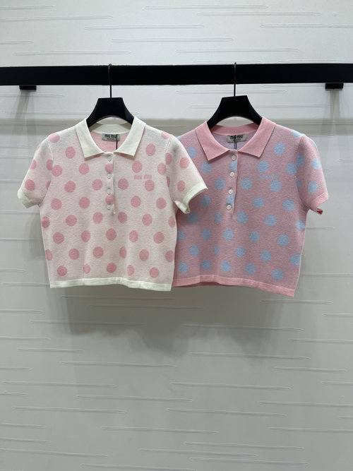 Miu Miu High - end Knit Short Sleeve with Polka Dots and Logo