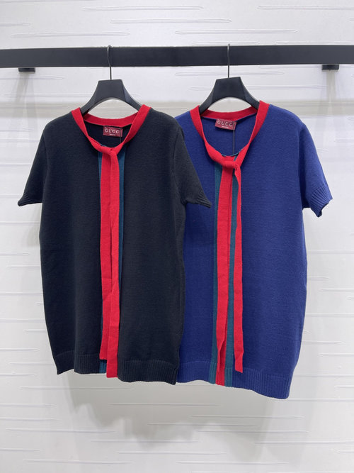 Gucci Bow Ribbon Embellished Knit Short Sleeve Dress for Elegant Occasions