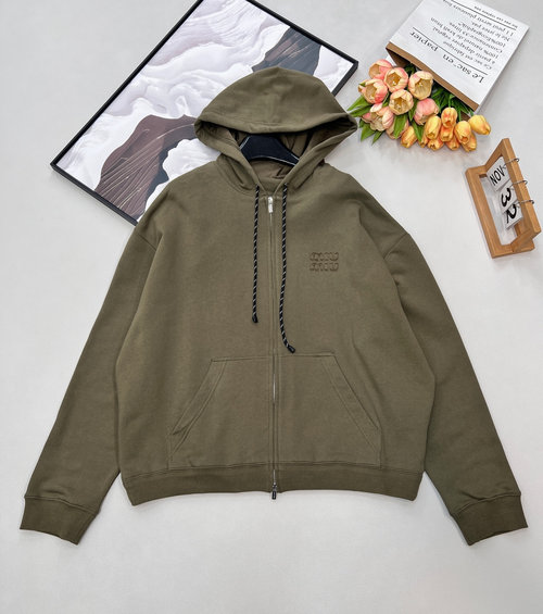 Miu Miu Olive Green Zip-up Hoodie and Drawstring Shorts Set, High-End Look