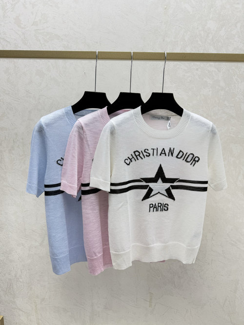 Dior Color - Blocked Star - Letter Round - Neck Short - Sleeve Knit
