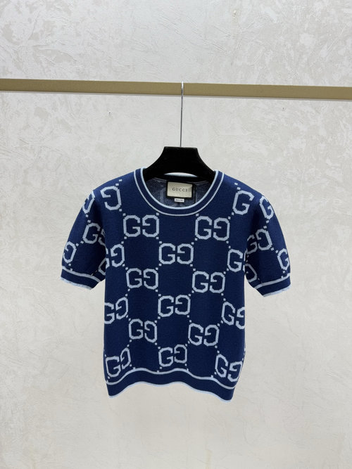 Gucci Round-Neck Knit Short-Sleeve Top with Contrast Monogram