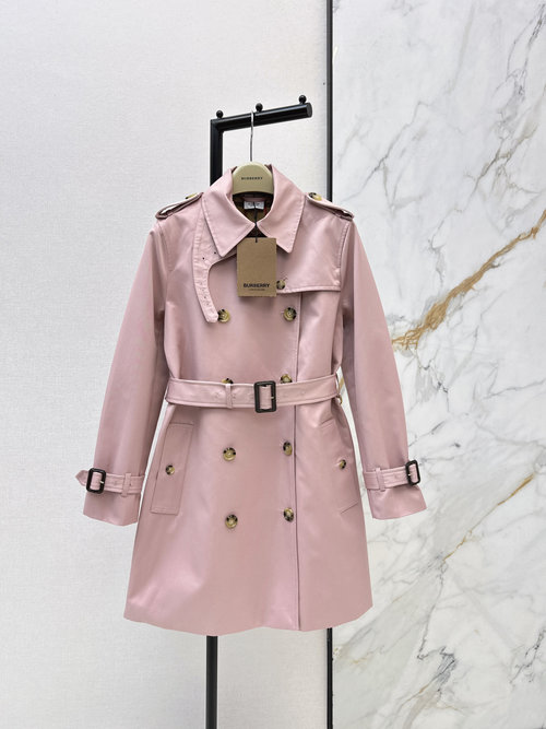 Burberry High - end Rose Pink Double - Breasted Mid - length Coat