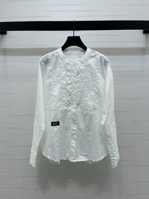 Miu Miu Ruffled Round Neck Shirt with Logo Embroidered