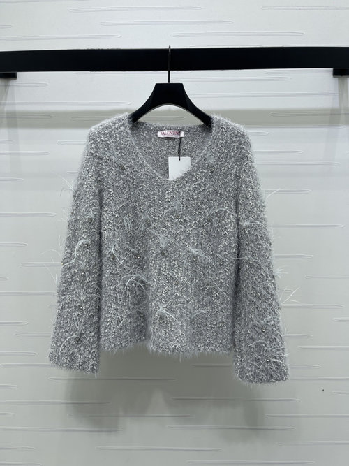 Valentino Luxury Diamond-Embellished Feather V-Neck Knitted Sweater
