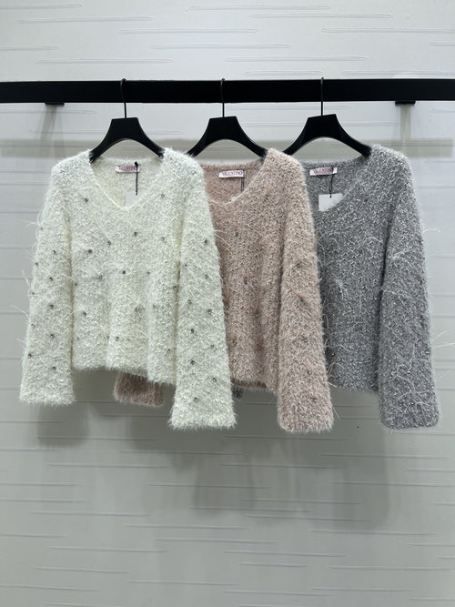 Valentino Luxury Diamond-Embellished Feather V-Neck Knitted Sweater