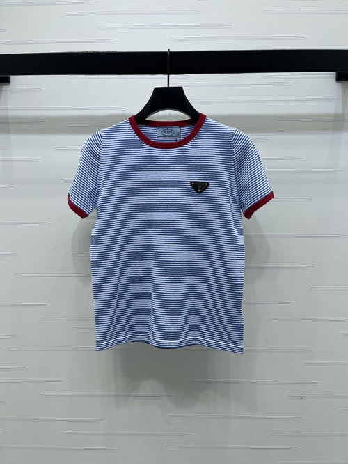 Prada Stylish Striped Slim-fit Knit Short-sleeve with Triangle Logo