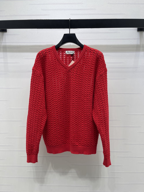 Miu Miu Elegant Hollow-out V-neck Knit Long-sleeve Top