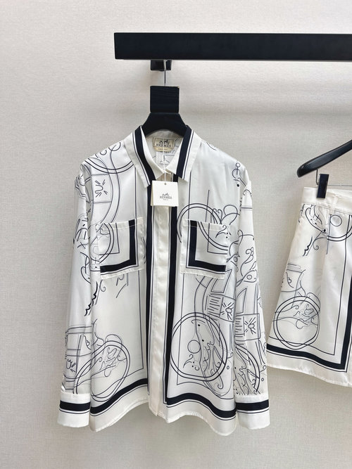 Hermes Silk Print Shirt with Tie-Band Skirt, Sophisticated Style