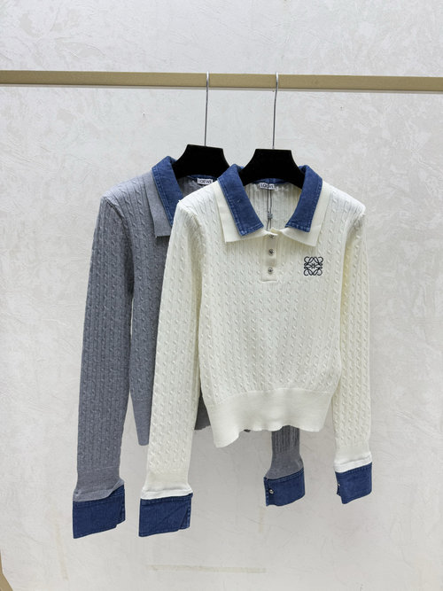 Loewe Color-Blocked Lapel White & Gray Knit Long Sleeve Cardigan