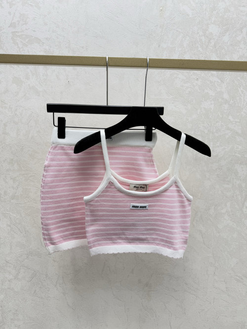 Miu Miu Colorful Contrast Striped Pink, Blue & Black Knit Suspender Set