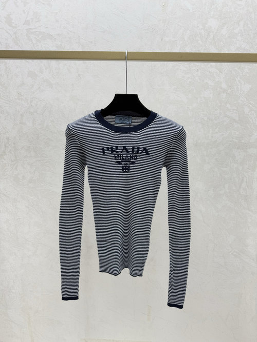 Prada Royal Blue Striped Letter Round Neck Knit Long Sleeve