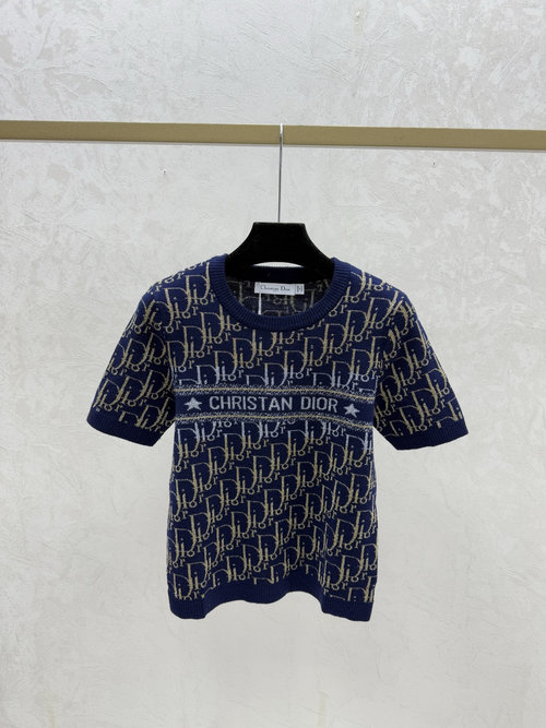 Dior Royal Blue Floral Letter Round Neck Knit Short Sleeve