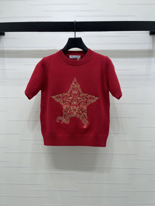 Dior Star Embroidered Knitted Short Sleeve with Ribbed Trim