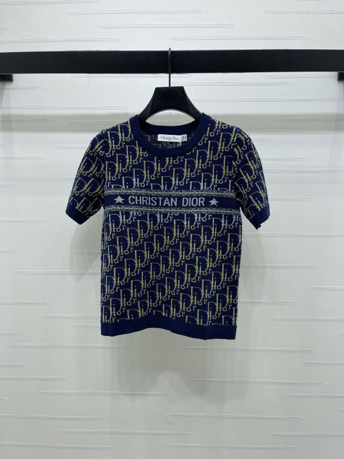 Dior Color-Block Gold Thread Logo Knit Short Sleeve with Ribbed Trim