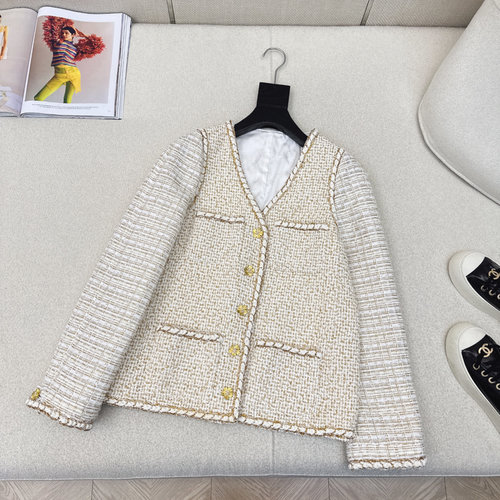 Chanel Gilded Tweed Spliced V-neck H-style Coat, Stylish