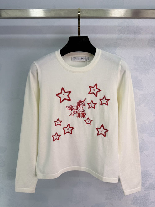 Dior Whimsical Red-Embroidered Unicorn Knit Sweater