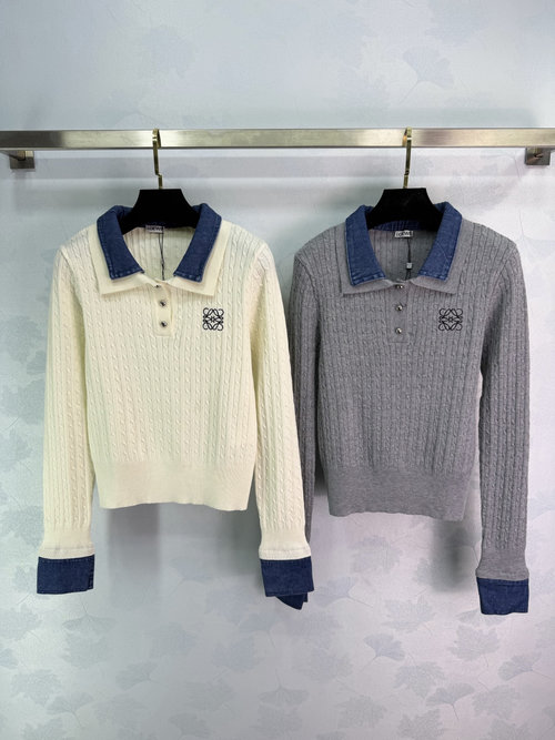 Loewe Stripe Knit Polo Shirt with Denim Trim and Embroidery