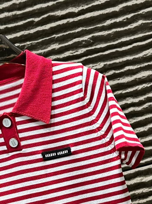 Miu Miu Collared Stripe Color-Blocked Knit Short Sleeve