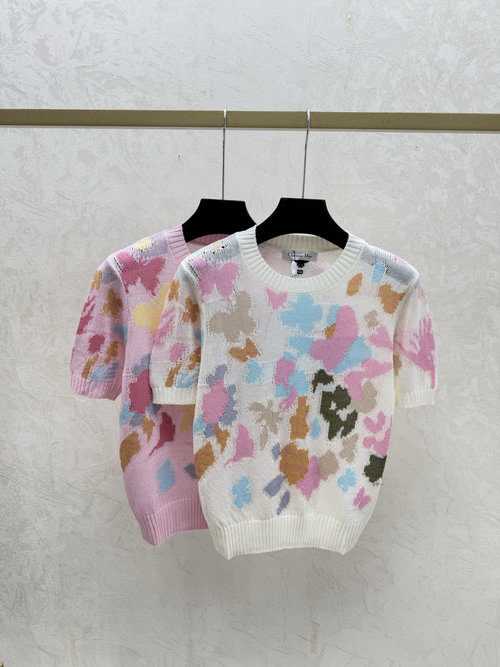 Dior White & Pink Contrasting Butterfly Jacquard Knit Top
