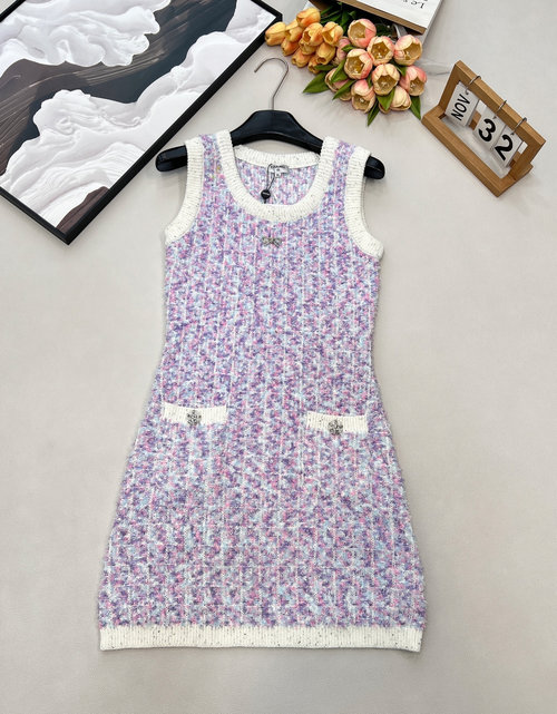 Chanel Colorful Knit Vest Dress with Bow and Pocket