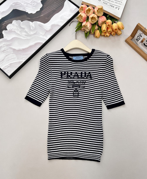 Prada Color-Blocked Stripe Hooked Knit Top with Simple Design