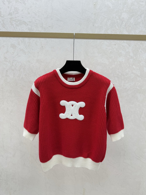 Celine Red Contrast Letter Round Neck Knit Short Sleeve