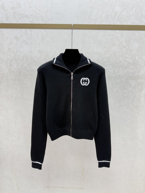 Gucci Black Contrast Letter Collar Knit Long Sleeve Cardigan