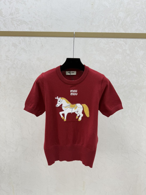 Miu Miu Red Contrast Pony Round Neck Knit Short Sleeve