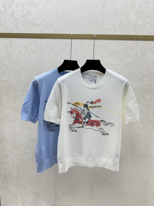 Hermes Color-blocked Embroidered Round-neck Knit Short-sleeved Top in White & Blue