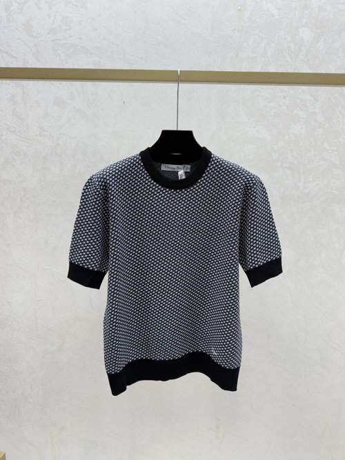 Dior Sapphire Blue Contrasting Simple Round Neck Knit Top