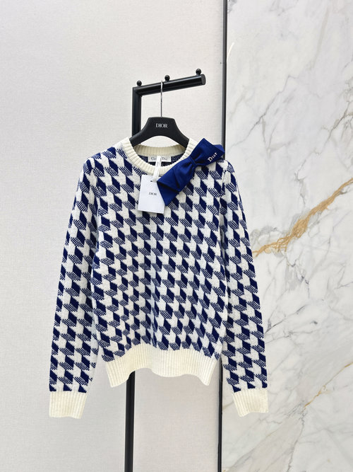Dior Bowknot Houndstooth Round-Neck Sweater