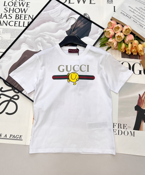 Gucci White High-Branch Cotton T-shirt with Cartoon and Ribbon Print