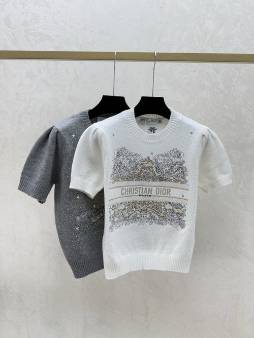 Dior White and Gray Color-Blocked Star Letter Knit Short-Sleeve