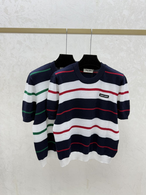 Miu Miu Red and Green Color-Blocked Stripe Knit Short-Sleeve
