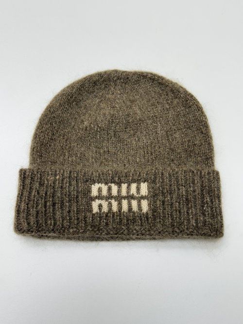 Miu Miu Khaki Color-Blocked Letter Knit Hat