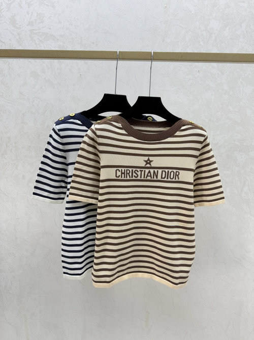 Dior Contrasting Stripe Round-Neck Knit Short-Sleeve in Coffee and Sapphire