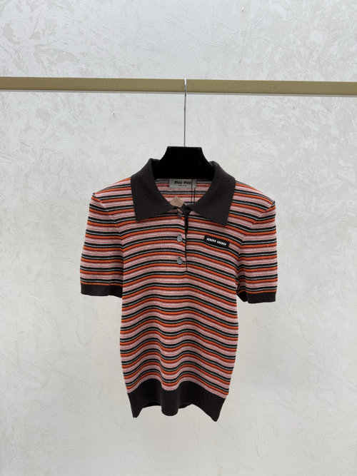 Miu Miu Contrasting Stripe Turn-Down Collar Short-Sleeved Knitwear in Coffee