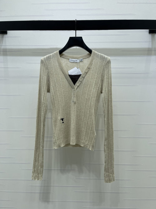 Dior Sophisticated V-Neck Knit Long Sleeve with Exquisite Embroidery