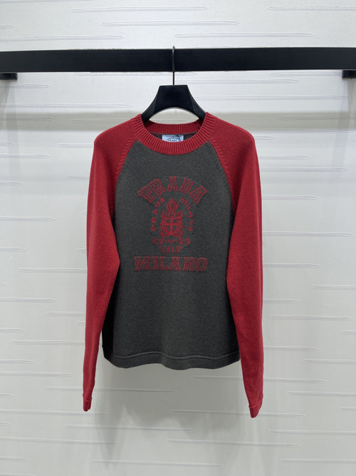 Prada Classic Contrast-Color Round-Neck Knit Long Sleeve for Timeless Elegance