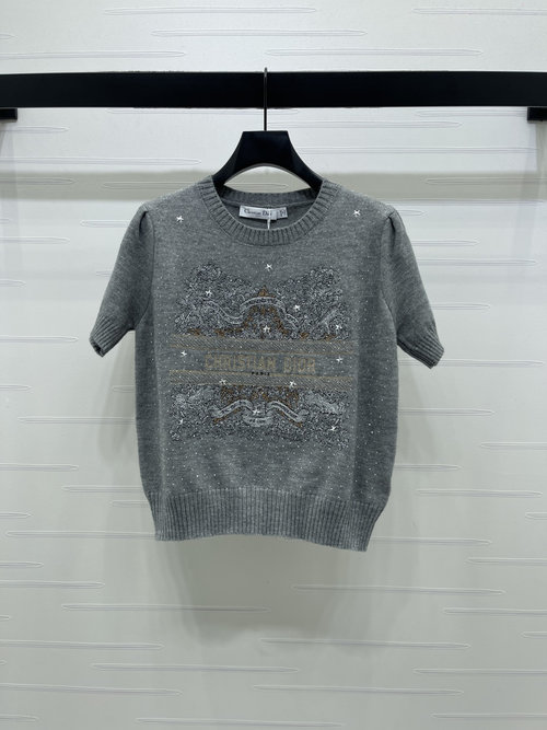Dior Brand Logo Embroidered Pullover Knitted Short Sleeve