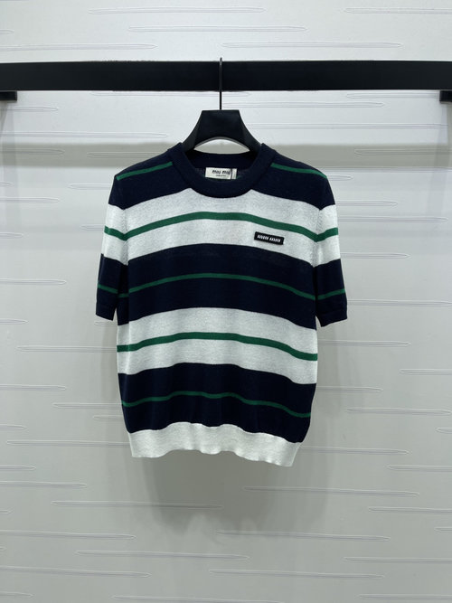 Miu Miu Stylish Logo Color-Blocked Knitted Short Sleeve