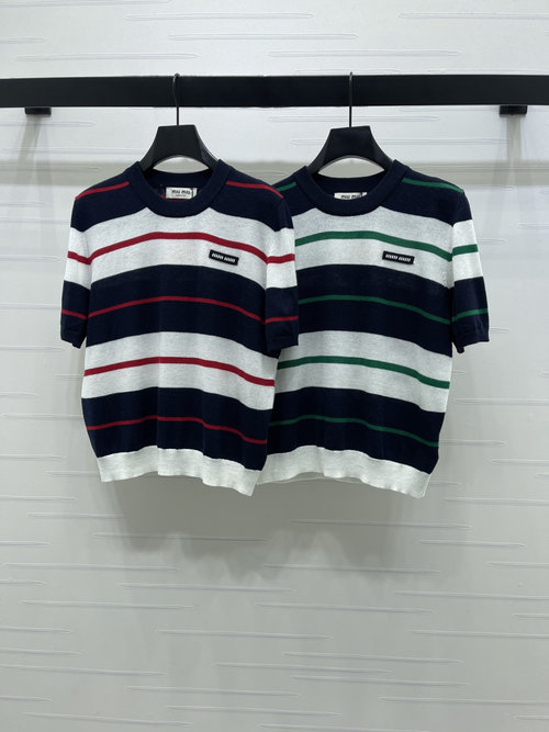 Miu Miu Color-Blocked Striped Logo Embroidered Knitted Short Sleeve