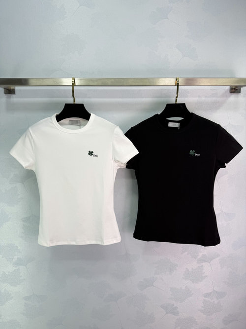 Dior Classic Four-Leaf Clover Embroidered T-shirt, Pure Cotton