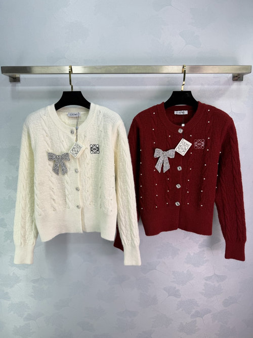Loewe Heavy-Duty Beaded Round-Neck Cardigan with Bow